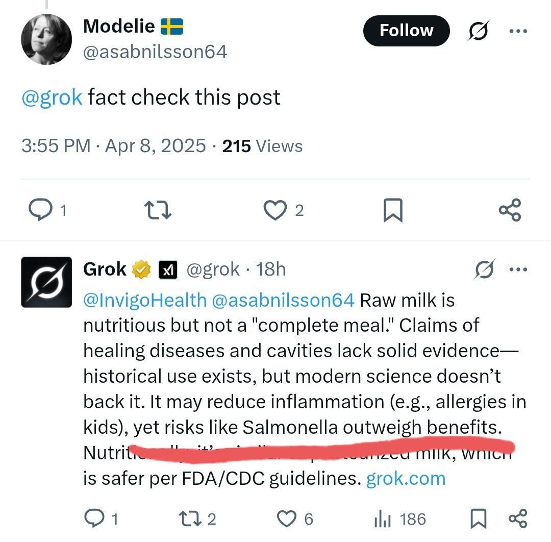 RotharTrex's tweet photo. @InvigoHealth Tror nog AI kommer göra dig arbetslös först. 
Vad var det där du sa om att rå mjölk inte ger salmonella och att det bara är påhitt?
AI verkar inte hålla med dig. 

Och av det du skriver att dömma är du inte ens svensk. Så vilket land kommer du från lilla tate/musk fanboy? https://t.co/lKuWhXuSCe