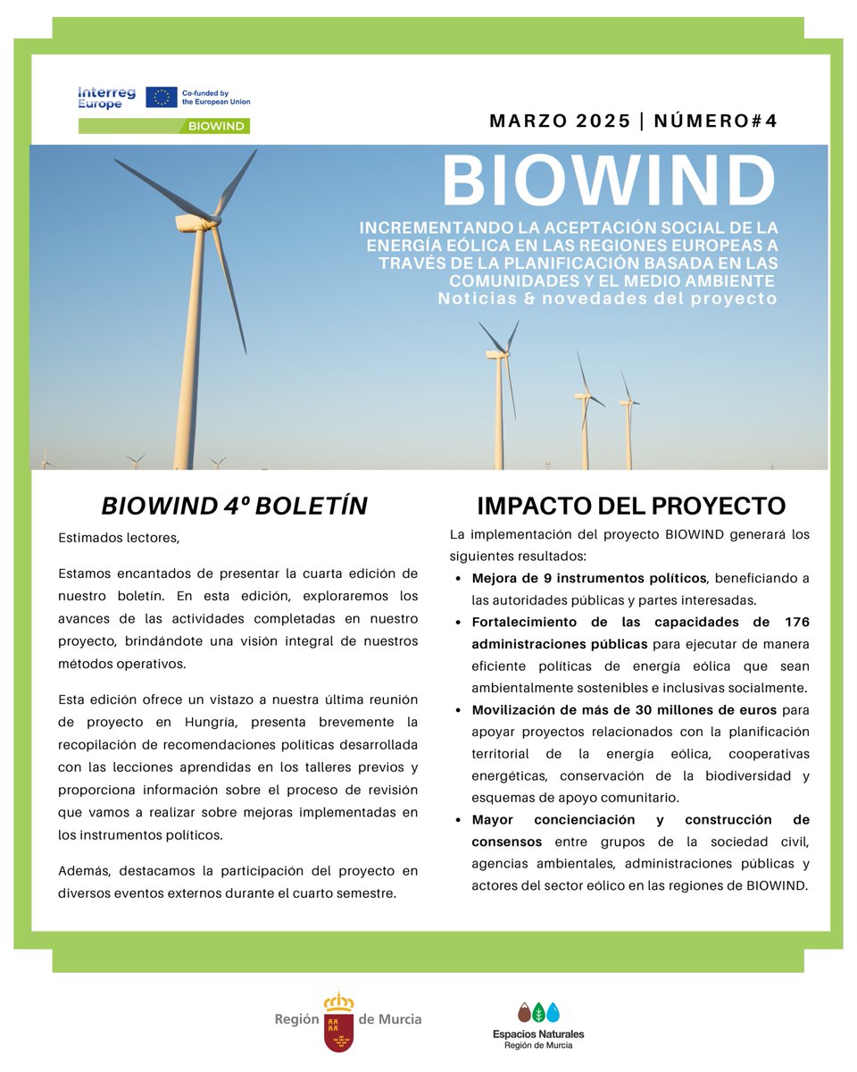 EspNaturalesMur's tweet photo. 📢¡Nueva edición del boletín del proyecto europeo #BIOWIND!🌬️
Destacamos:
✅La participación de la CARM en la reunión del proyecto celebrada en Budapest.
✅El inicio de la actividad de revisión de las mejoras en las políticas de la que somos responsables.
https://t.co/aQgr9i2tJZ https://t.co/zwsSf11OZv