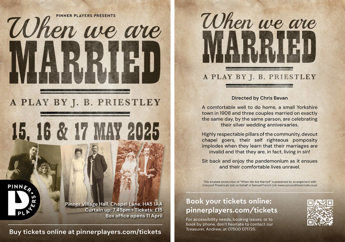 Tickets now on sale for Pinner Players’ performances of When We Are Married by J.B. Priestley!

15th, 16th, 17th May 2025 19:45
Pinner Village Hall 

Please book online at pinnerplayers.com/tickets

#pinnerplayers #amdram #IDo #JBPriestley #pinnerlocal #SupportLocalTheatre #pinner