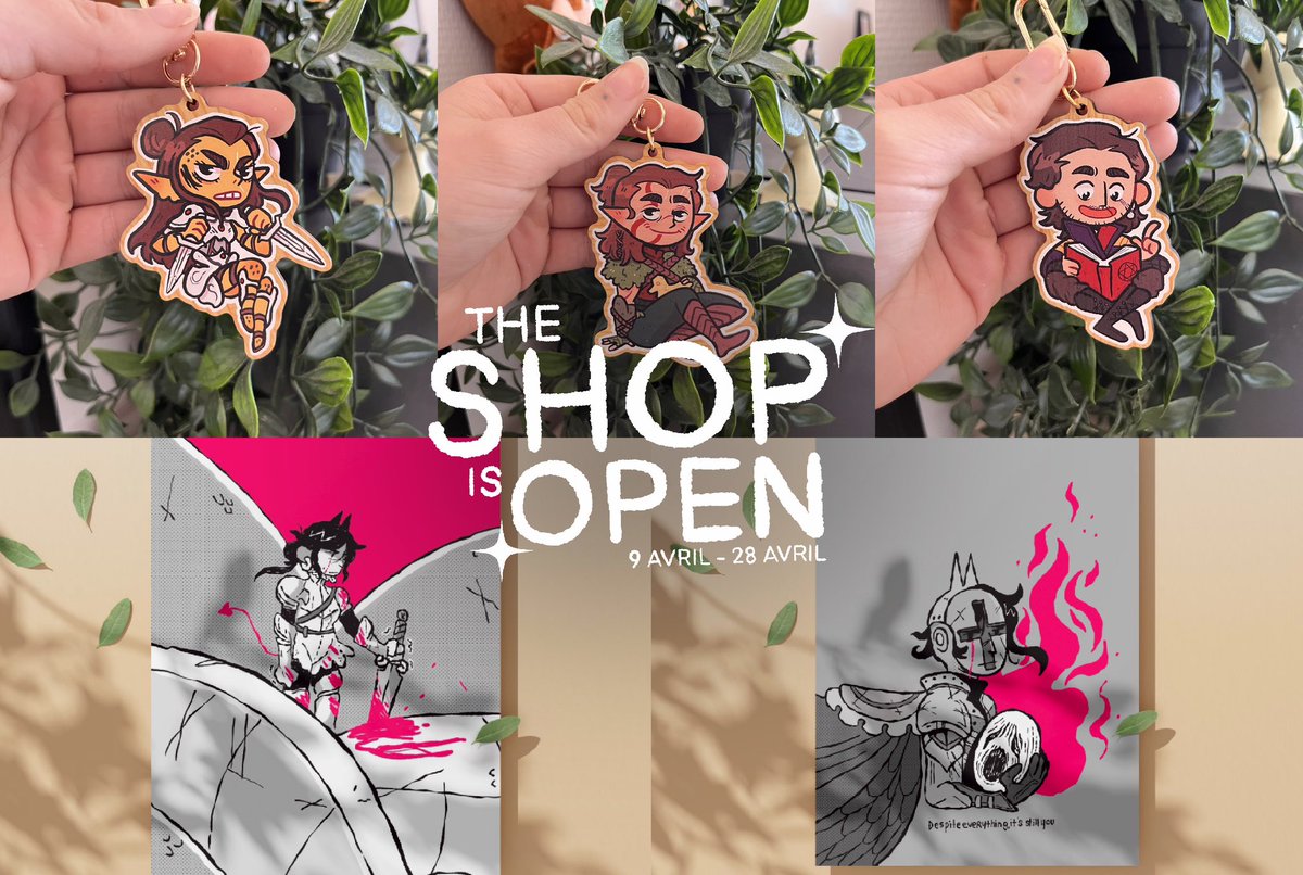 Hello X 🧙‍♂️✨

J’ouvre du 9 avril au 28 avril 
MON SHOP EN LIGNE ✨✨

J’ai réalisé des porte clés seigneur des anneaux, deux prints exclusifs et vous avez des soldes sur les porte clés BG3 🙌

ko-fi.com/leticomics/shop