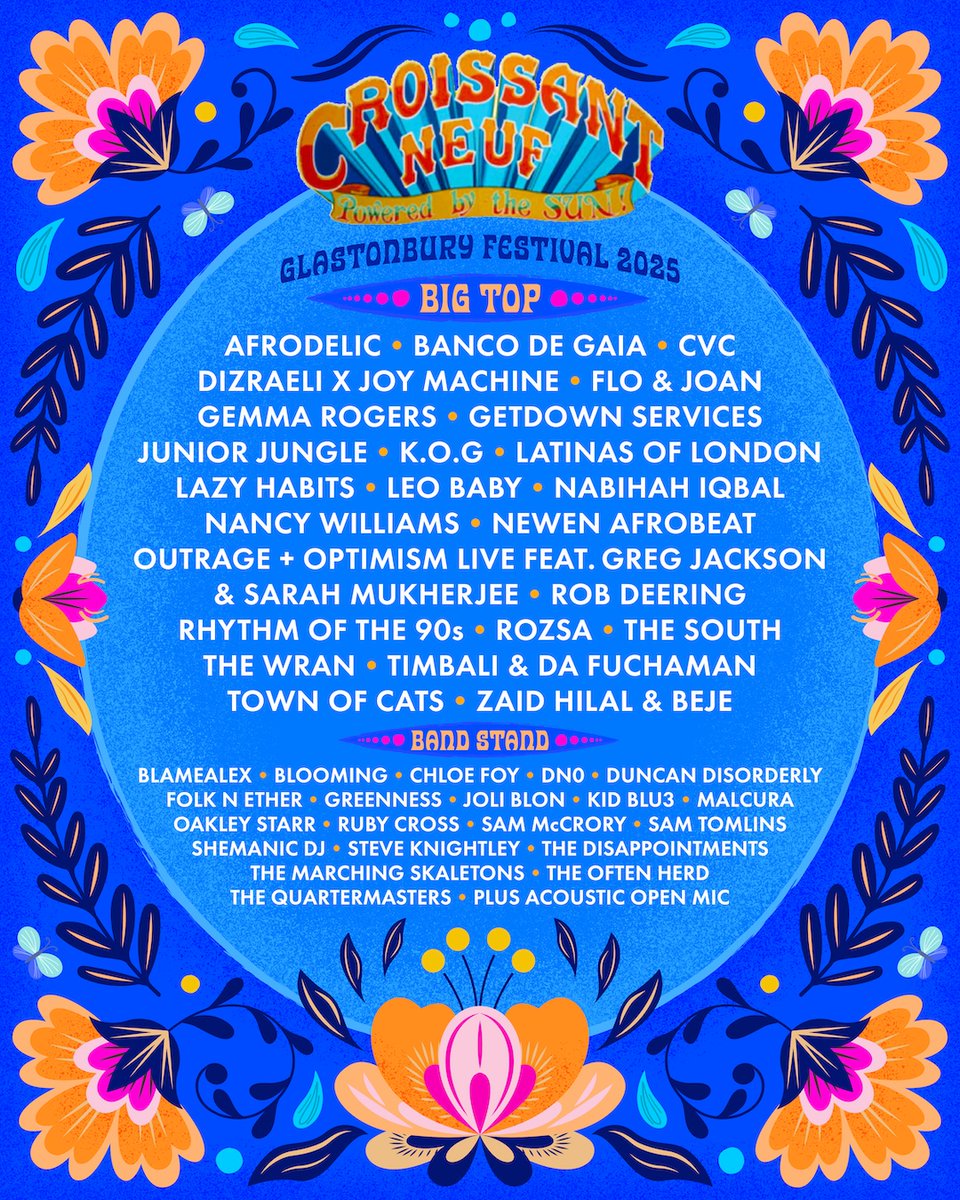 Glastonbury Festival (@glastonbury) on Twitter photo Weâre pleased to announce this yearâs line-up for <a href="/CroissantNeuf/">Croissant Neuf</a> , Glastonburyâs original solar-powered venue!
â
CROISSANT NEUF BIG TOP
AFRODELIC
BANCO DE GAIA
CVC
DIZRAELI X JOY MACHINE
FLO & JOAN
GEMMA ROGERS
GETDOWN SERVICES
JUNIOR JUNGLE
K.O.G
LATINAS OF LONDON
LAZY HABITS Weâre pleased to announce this yearâs line-up for <a href="/CroissantNeuf/">Croissant Neuf</a> , Glastonburyâs original solar-powered venue!
â
CROISSANT NEUF BIG TOP
AFRODELIC
BANCO DE GAIA
CVC
DIZRAELI X JOY MACHINE
FLO & JOAN
GEMMA ROGERS
GETDOWN SERVICES
JUNIOR JUNGLE
K.O.G
LATINAS OF LONDON
LAZY HABITS