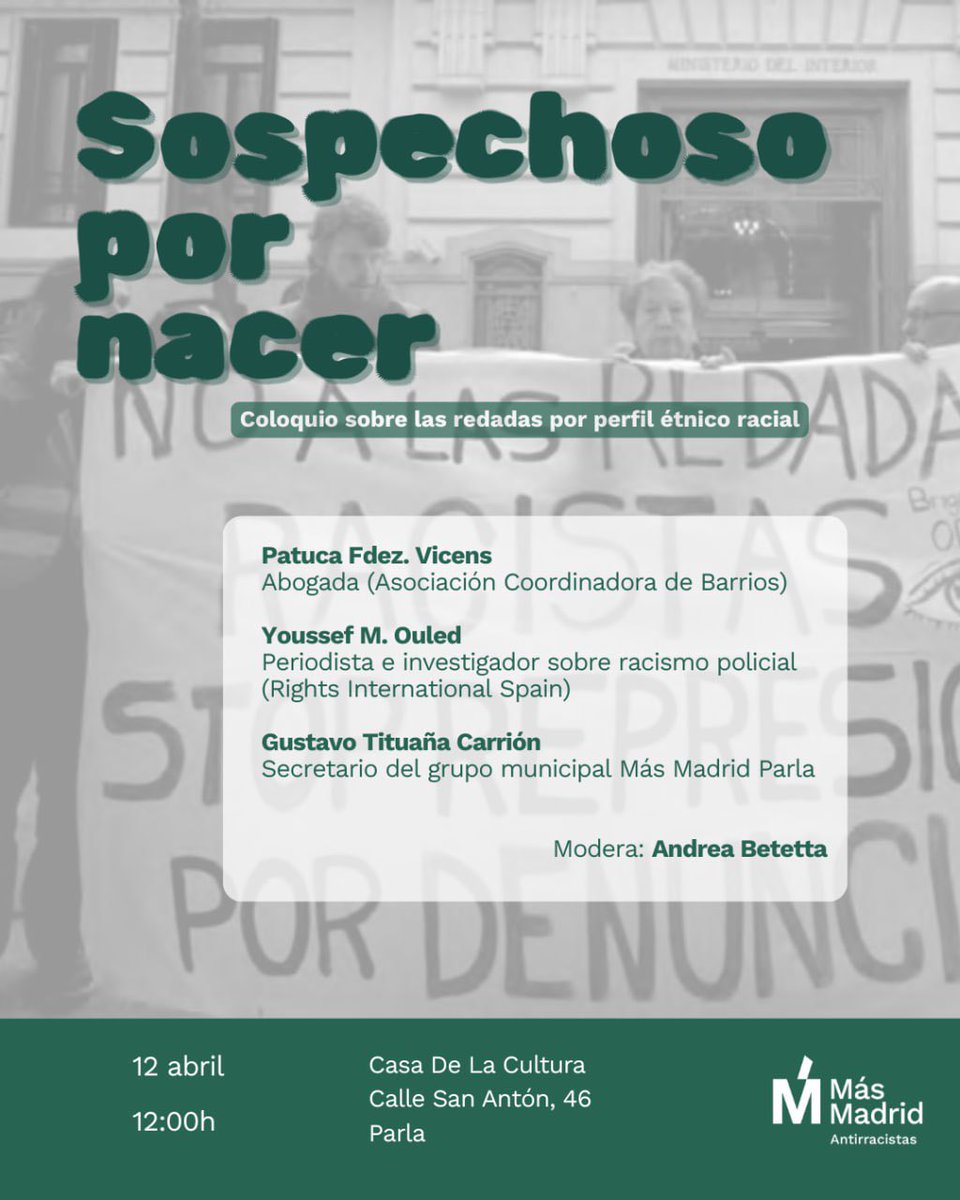 Ser sospechoso por nacer, por tu color o por tu apariencia. Las redadas por perfil étino-racial son discriminatorias y racistas. Este sábado hablamos de ello en Parla. ¡Te esperamos!