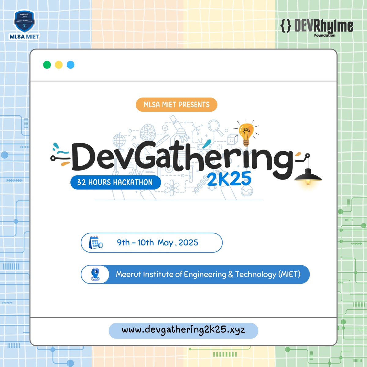 DevRhylme's tweet photo. DevRhylme x DevGathering 2K25

We’re excited to be community partners of DevGathering 2K25 – a 32-hour hackathon at MIET, Meerut on 9-10 May!

Visit the site for more information: https://t.co/IhXarOoKBs

Referral Code: MMXDRFDG25 https://t.co/KAS96JOyy6