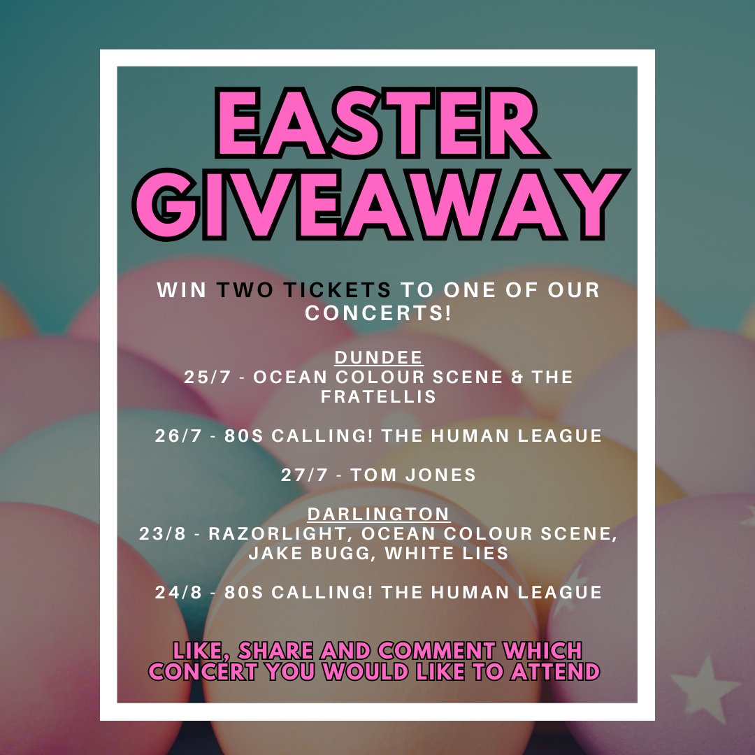🐣🎟 EASTER GIVEAWAY TIME! 🎟🐣

We're giving YOU the chance to win two tickets to one of our epic summer concerts in Dundee or Darlington! 🌞🎶

👉 To enter:
👍 LIKE this post
🔁 SHARE it
💬 COMMENT which concert you'd love to attend!

🎟️ lizhobbsgroup.com/gigs-tickets
