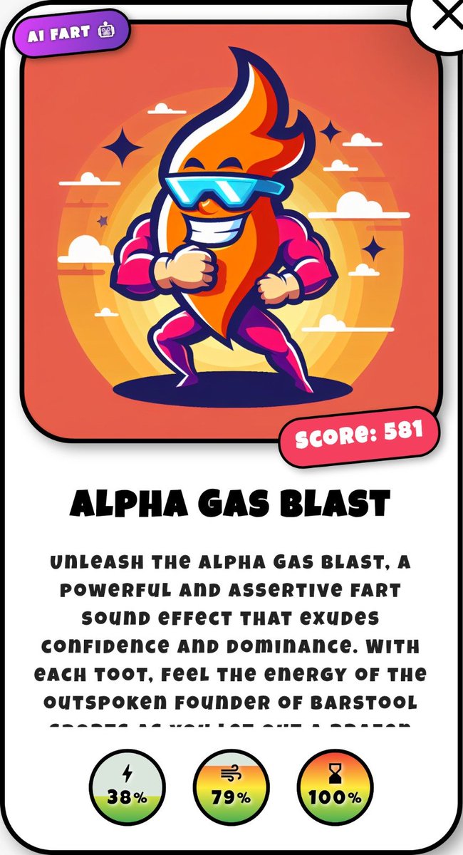 AIFartLab's tweet image. 💪 The community just dropped an absolute unit.

Introducing the Alpha Gas Blast — confident, dominant, and built different.
100% duration. This toot doesn’t fade, it lives rent-free in your nose.
Score: 581
⚡ Power: 38%
💨 Smoothness: 79%
⏱️ Duration: 100%
Send yours and mark…