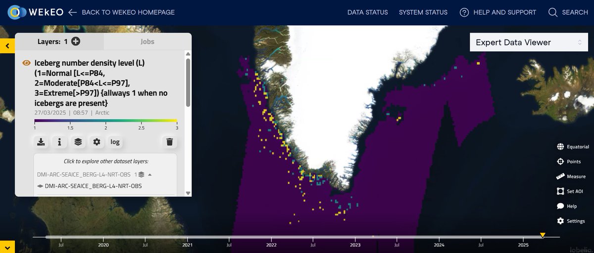 🧊 Monitor iceberg number density with WEkEO!

The screenshot below shows the Iceberg number density off the coasts of Greenland 🇬🇱 on 27 March 2025 as seen from the WEkEO Data Viewer interface.

Icebergs are blocks of ice that break off from glaciers and float in open waters. To