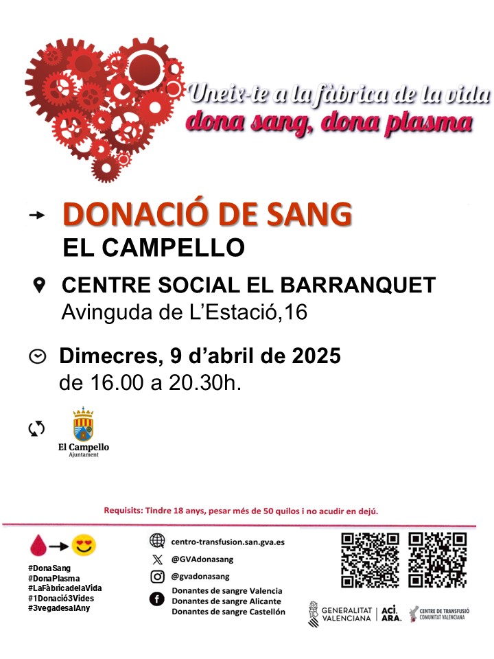 Donació de sang en #ElCampello
📅Dimecres #9abril

La necessitat de sang és diària 👉 La vida de molts malalts depén de transfusions de sang periòdiques, per això, hui també et necessiten.

#DonaSang, uneix-te a #LaFàbricaDeLaVida