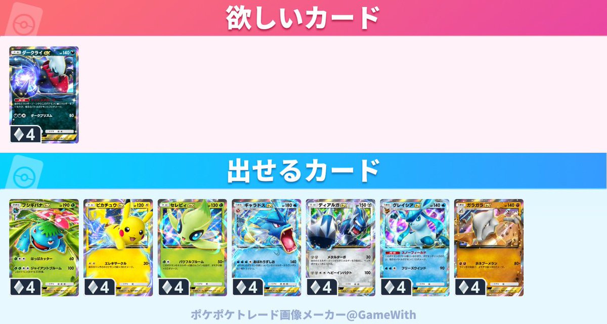 Daten2027's tweet photo. #ポケポケトレード

求：ダークライex

譲：フシギバナex、ピカチュウex、セレビィex、ギャラドスex、ディアルガex、グレイシアex、ガラガラex https://t.co/K9a9qXXlcw
