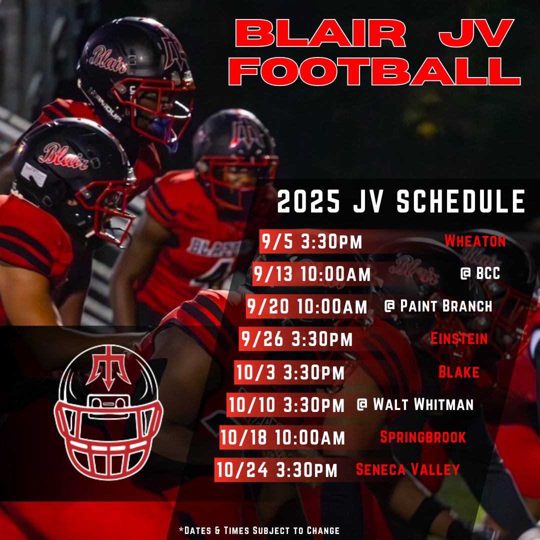 Re-Release of Times &amp; Dates for the Blair Football schedule. 

9/5 - DCC Night
9/26 - Homecoming
10/31 - Senior Night

*Correction made to the Blair @ Paint Branch date*