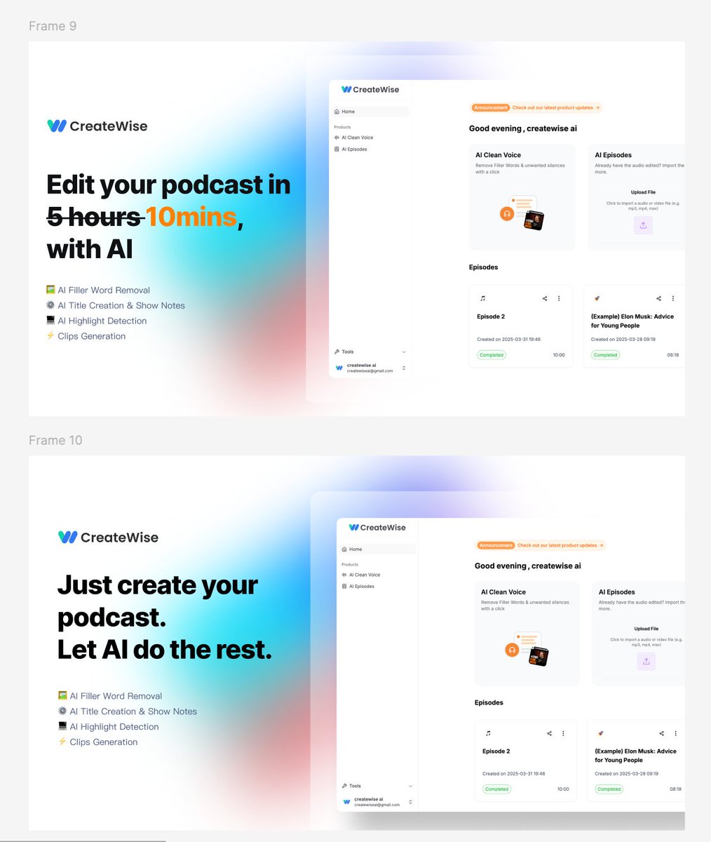 AryaMM324783's tweet photo. Launching on Product Hunt soon 🚀
I’ve got 2 promo images — which one would you pick?🥰
1. Edit your podcast in 5 hours (Cross out) 10mins, with AI
2. Just create your podcast. Let AI do the rest. https://t.co/69IGqqZ8R4