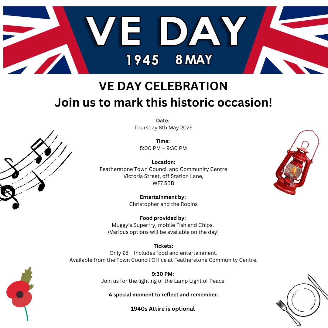 🌟 VE DAY CELEBRATION 🌟

Let’s come together to honour the past and celebrate in style! See you there! 💙

#VEDay #Featherstone #CommunityCelebration #LampLightOfPeace #1940sFun #RememberAndReflect