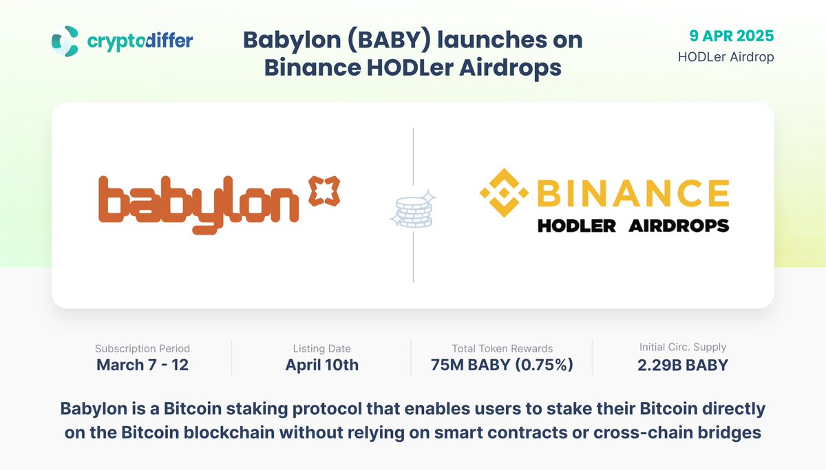 ❗️@BabylonLabs_io $BABY launches on @Binance HODLer Airdrops The $BNB  subscribers from March 7 to March 12 will receive a #BABY airdrop. HODLers  Airdrop Supply - 75M BABY. BABY listing is expected to