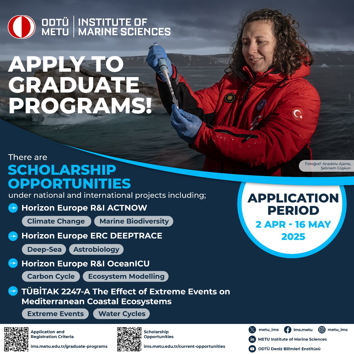 🌍 Passionate about the seas, oceans and the planet? Ready to turn that passion into impact?

📢Applications are now open for graduate programs at METU IMS, which has been advancing marine research for 50 years!

🧑🏽‍🔬 Dive into interdisciplinary research, tackle real-world