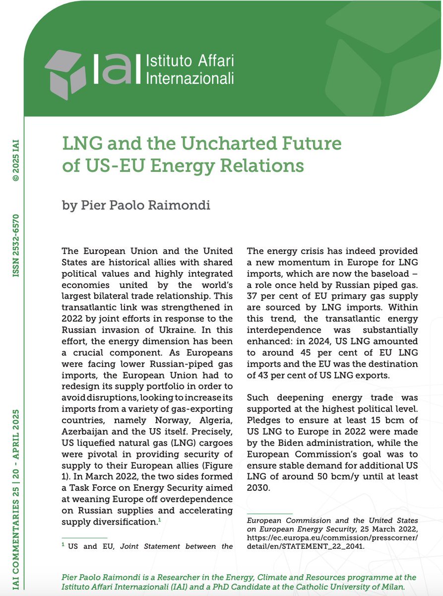 🚨NEW COMMENTARY! LNG and the Uncharted Future of US-EU Energy Relations The interdependence is at the crossroads, not only due to growing political disagreements and diverging regulatory approaches (i.e., methane emission), but also market uncertainties
iai.it/en/node/19845