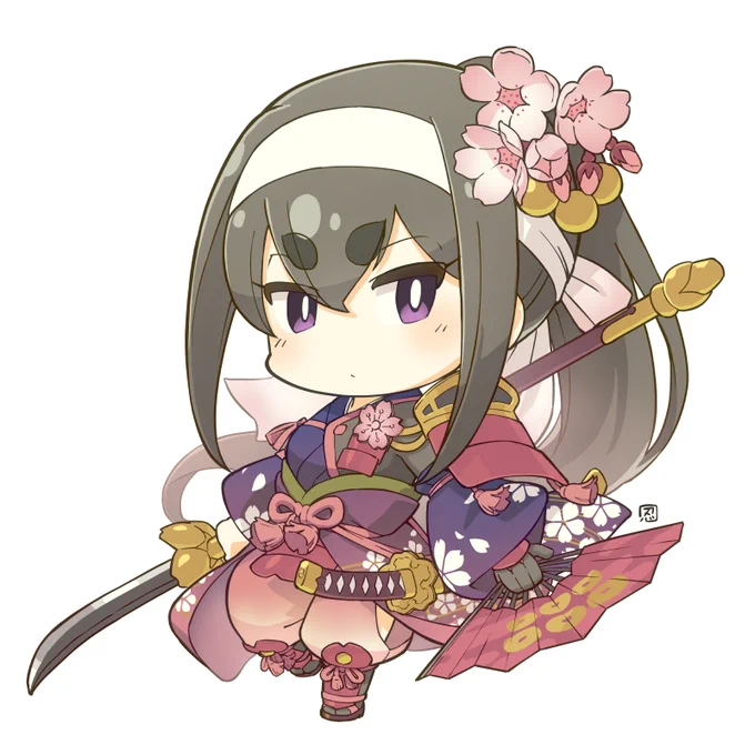 昨日影絵でちらりと見せたが 本日はその全貌を披露いたそうぞ春の装束『御殿桜花の拵え』が 装い新たと相成った此度は"夜桜"を思わせる意匠に仕立てられ より勇ましき中にも 華やぎを湛えた姿となっておる春の宵に咲く御殿桜の如く 儚くも凛とした此の装いしかと目に焼き付けよ 