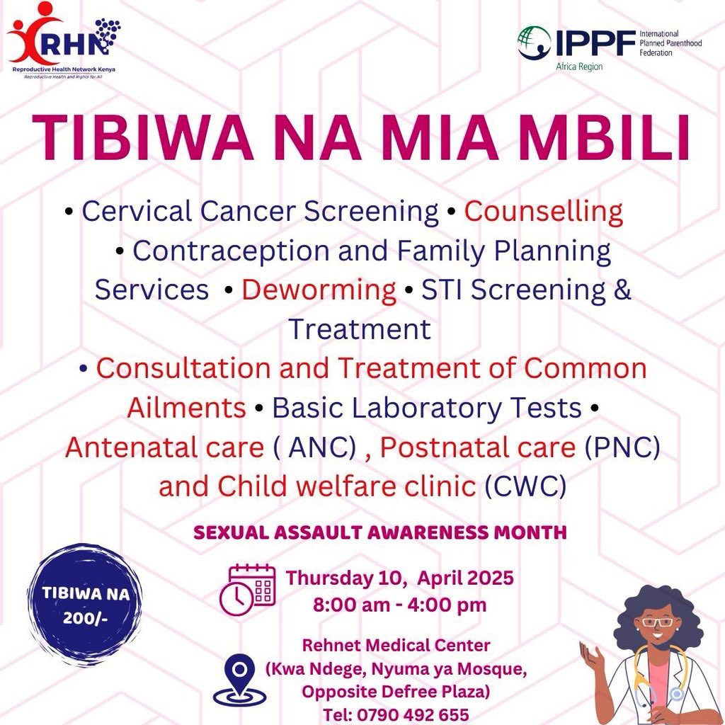 Walk in tomorrow for #TibiwaNaMiaMbili SRH services at our <a href="/RehnetMed/">Rehnet Medical Center</a> center in Embakasi  as from 8am - 4pm.

Get access to counseling, FP, contraception, STI screening &amp; treatment, ANC &amp; PNC  and more. 

Tell a friend to tell a friend. 

#YourHealthIsOurPriority
<a href="/Omolloh/">Edison Omollo</a>