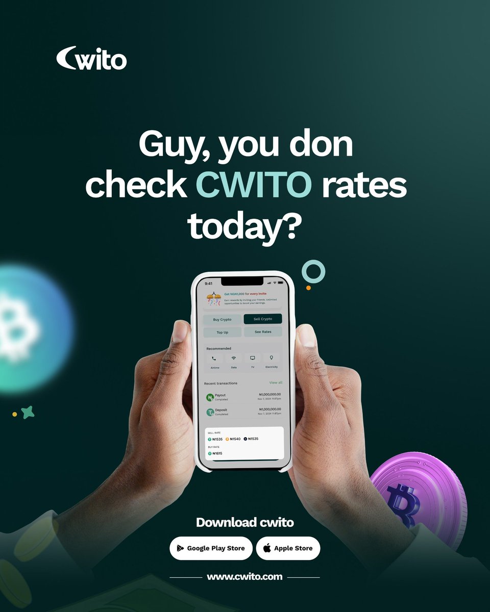 UseCwito's tweet photo. You dey miss better rates if you never check CWITO today!โจโจ
That guy wey dey cash out steady Yeah, he dey use CWITO. Why Wait,
Visit https://t.co/LkMDSbEfOV
#SteadyCashout #CwitoRates #NoDeyCarryLast #UseCWITO https://t.co/7pWK45PogS