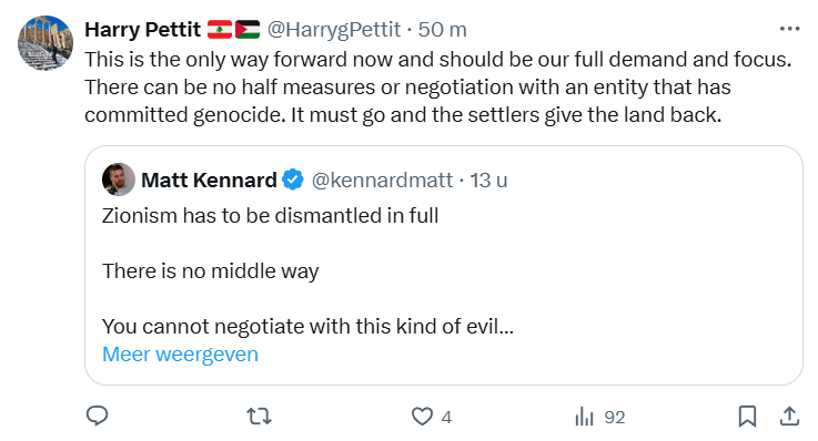 JaimyMeyer's tweet photo. Een docent op mijn @Radboud_Uni roept nu letterlijk op tot de vernietiging van Israël. Joden die na de Holocaust een veilig heenkomen vonden moeten volgens hem vertrekken.

Dit is regelrecht antisemitisme. Wanneer gaat #Radboud eindelijk optreden tegen deze retoriek? https://t.co/YrLvrrsPVX