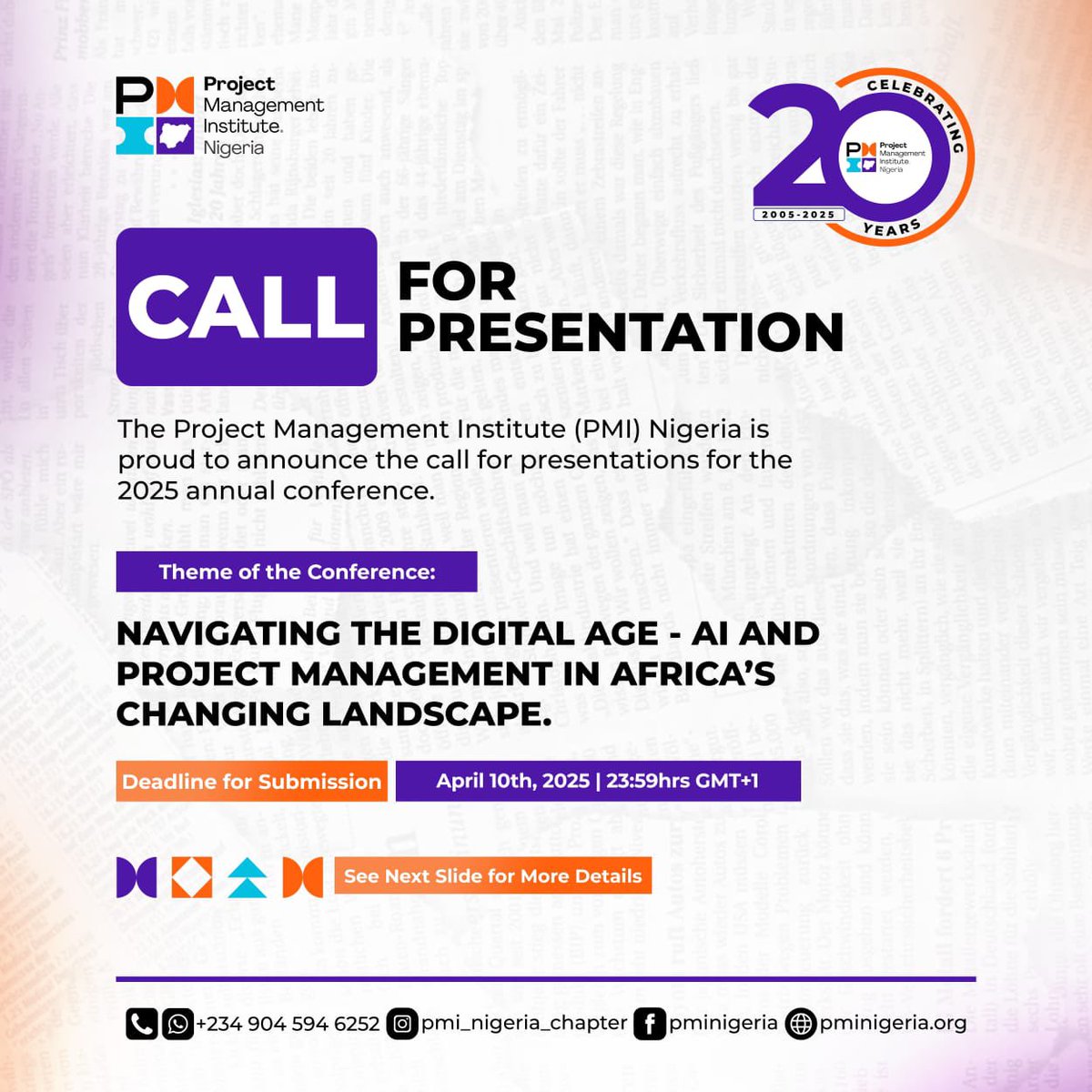 Submit a proposal on one of our key sub-themes: 
✅ Bridging the AI Skills Gap 
✅ Ethics &amp; Governance in AI-Driven PM 
✅ AI &amp; PM in Nigeria – Trends &amp; Opportunities 
✅ Project Managers &amp; Well-being in Nigeria 
Submit your proposal now: bit.ly/4hBaCjw] 

#pminigeria