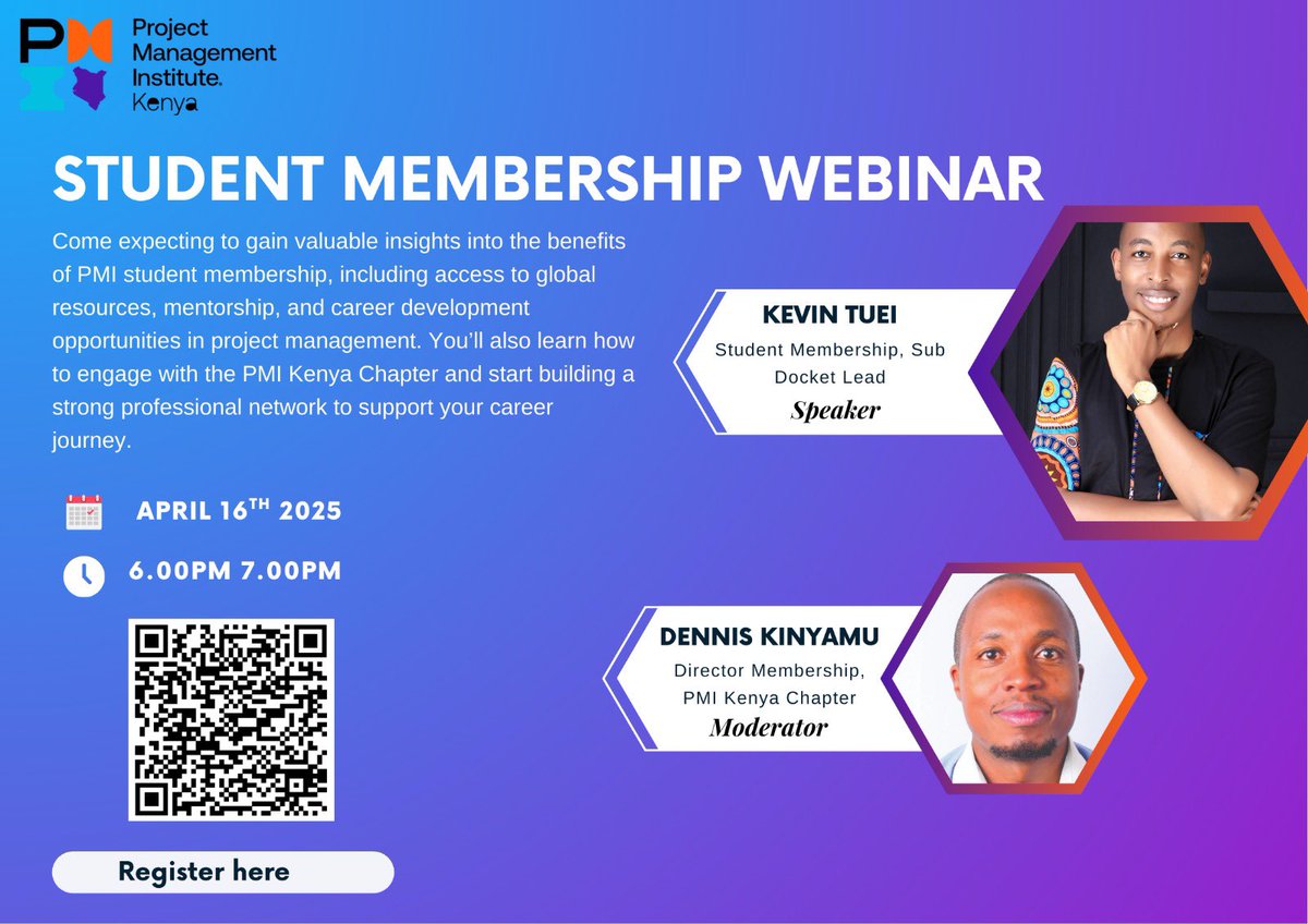 Join <a href="/PmiKenya/">PMI Kenya Chapter</a> Student Membership Webinar!
Date: 16/04/25
Time: 6:00 PM – 7:00 PM (EAT)
Speaker: Kevin Tuei – Student Membership Sub-Docket Lead
Moderator: Dennis Kinyamu – Director, Membership
Discover the value of PMI Register here: events.teams.microsoft.com/event/64accc85…