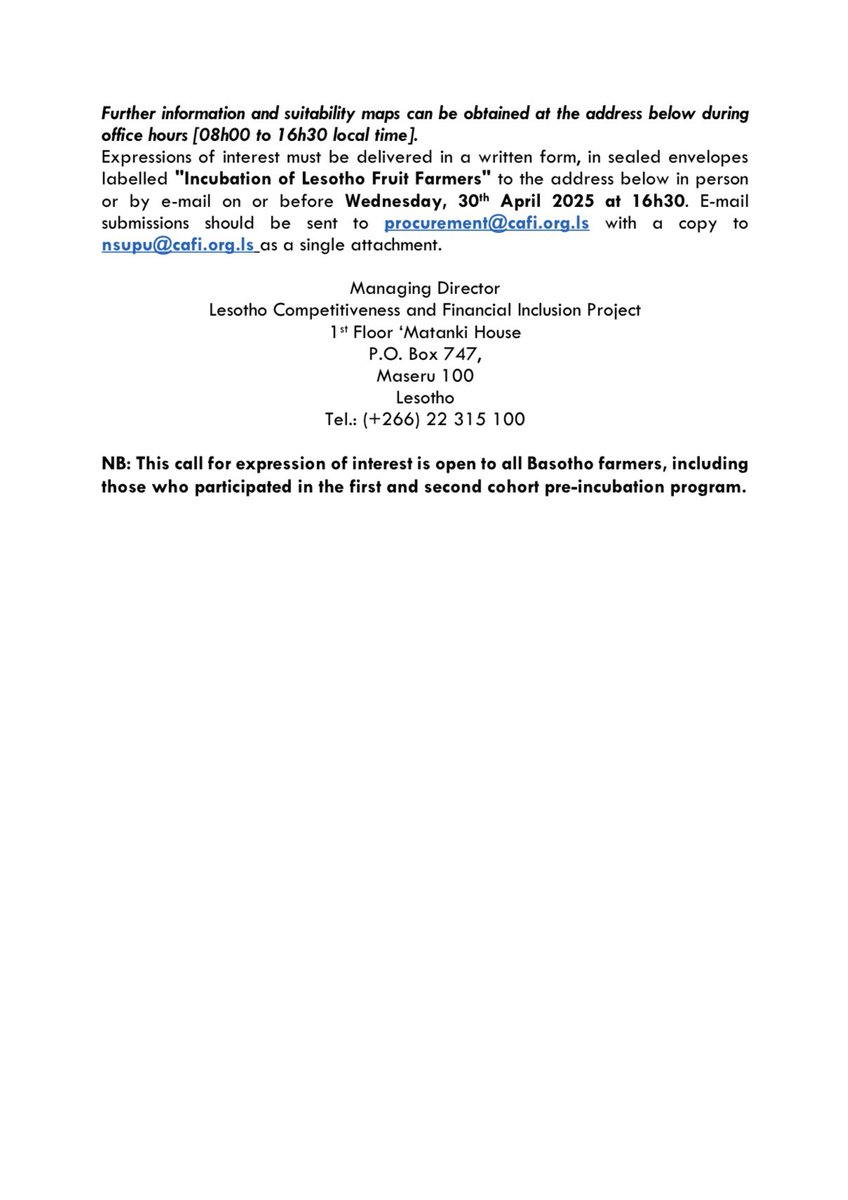 #CAFI invites farmers and farmers groups to indicate their interest to participate in the 2nd cohort of the full horticultural incubation programme. Interested farmers should submit on or before the 30th April 2025 #Lesotho #lstwitter #horticulture #farmersincubation #lihoai