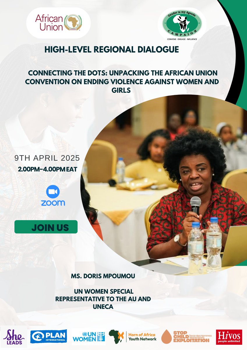 🗣️ Be part of the conversation! 

We're having a regional dialogue on the African Union Convention on Violence Against Women and Girls. 

🗓️Today 

🕑2pm - 4pm EAT

Share your thoughts and learn more about this landmark achievement. 

🔗Register to join👉🏽:shorturl.at/zITff