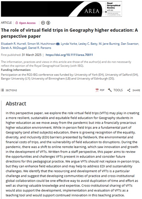 RGS-IBG Higher Ed (@rgs_ibghe) on Twitter photo 🔊New paper published in Area by @liz_hurrell (<a href="/YorkEnvironment/">Department of Environment and Geography</a>) et al. 🔊
'The role of virtual field trips in Geography higher education: A perspective paper'. #OpenAccess
doi.org/10.1111/area.7… 🔊New paper published in Area by @liz_hurrell (<a href="/YorkEnvironment/">Department of Environment and Geography</a>) et al. 🔊
'The role of virtual field trips in Geography higher education: A perspective paper'. #OpenAccess
doi.org/10.1111/area.7…