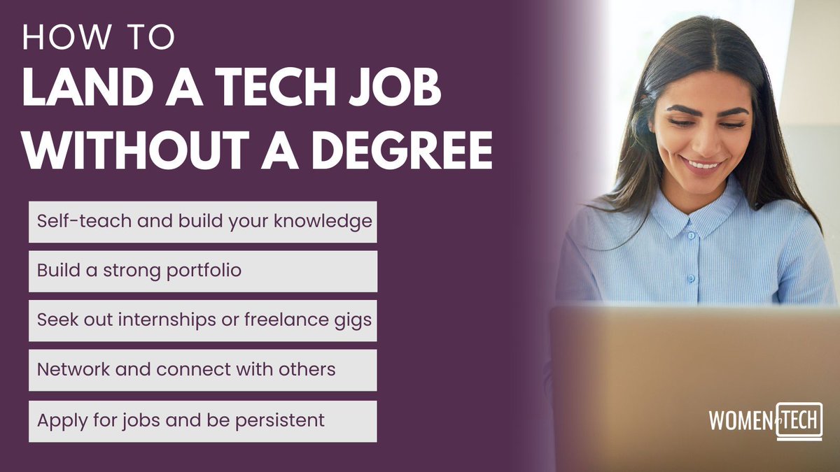 Tech jobs are within reach - no degree needed! With the right skills and persistence, you can land that dream job in tech. 💻

Learn more in our guide: buff.ly/7cwIrlA 

#WomenInTech #CareerSwitch #TechJobsWithoutDegree