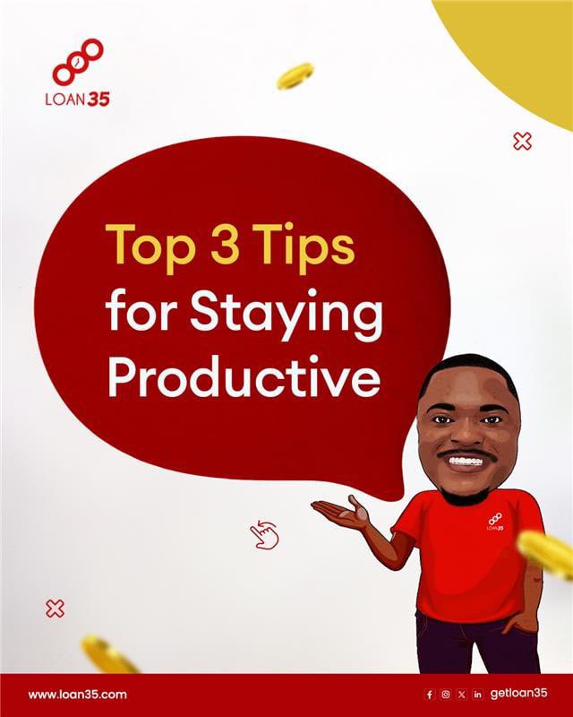getloan35's tweet photo. Staying productive can be tough sometimes!
Here are 3 simple tips from Obi to help you stay on track. 

Try them out and let us know which one works best for you! 

#Loan35 
#ObiTips 
#ProductivityTips
#TimeManagement 
#Loaninlagos https://t.co/UEK6XJthtW