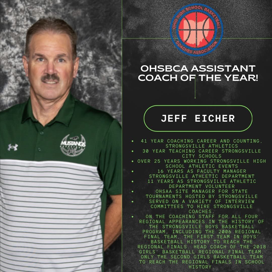 We are thrilled to announce that Jeff Eicher has been awarded OHSBCA Assistant Coach of the Year for the 2024-2025 school year! Jeff has been an invaluable asset to our basketball program and our athletic department and has played a crucial role in our success.

#ModelMustang