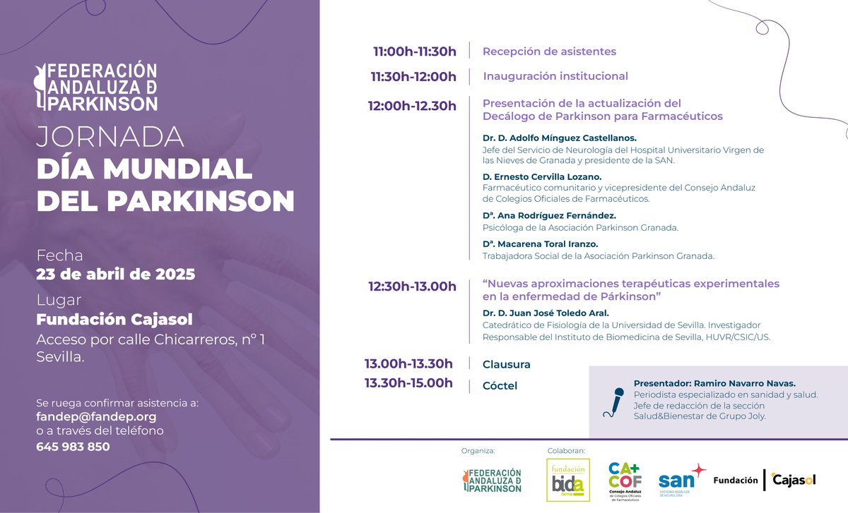 📣Con motivo del #DíaMundialDelParkinson, FANDEP llevará a cabo una jornada el día 23 de abril en Sevilla.
📍El acto será un punto de encuentro para las asociaciones de #Parkinson de #Andalucía, instituciones público-privadas y diferentes agentes que intervienen en el Parkinson🌷