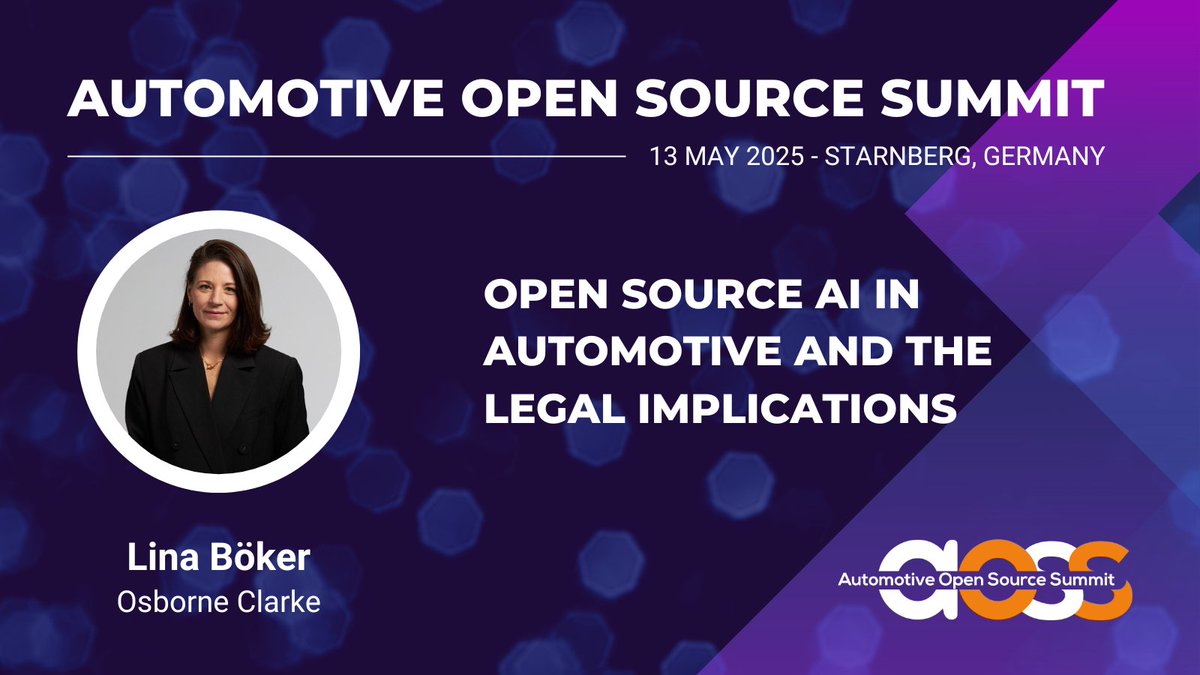 EclipseFdn's tweet photo. ✨ Lina Böker, partner at @OsborneClarke, will present the keynote “Open source AI in automotive and the legal implications”, at the Automotive Open Source Summit 2025 on 13 May 2025.
#AOSS25 #automotive #opensource #AI https://t.co/Hk5ssmzTie