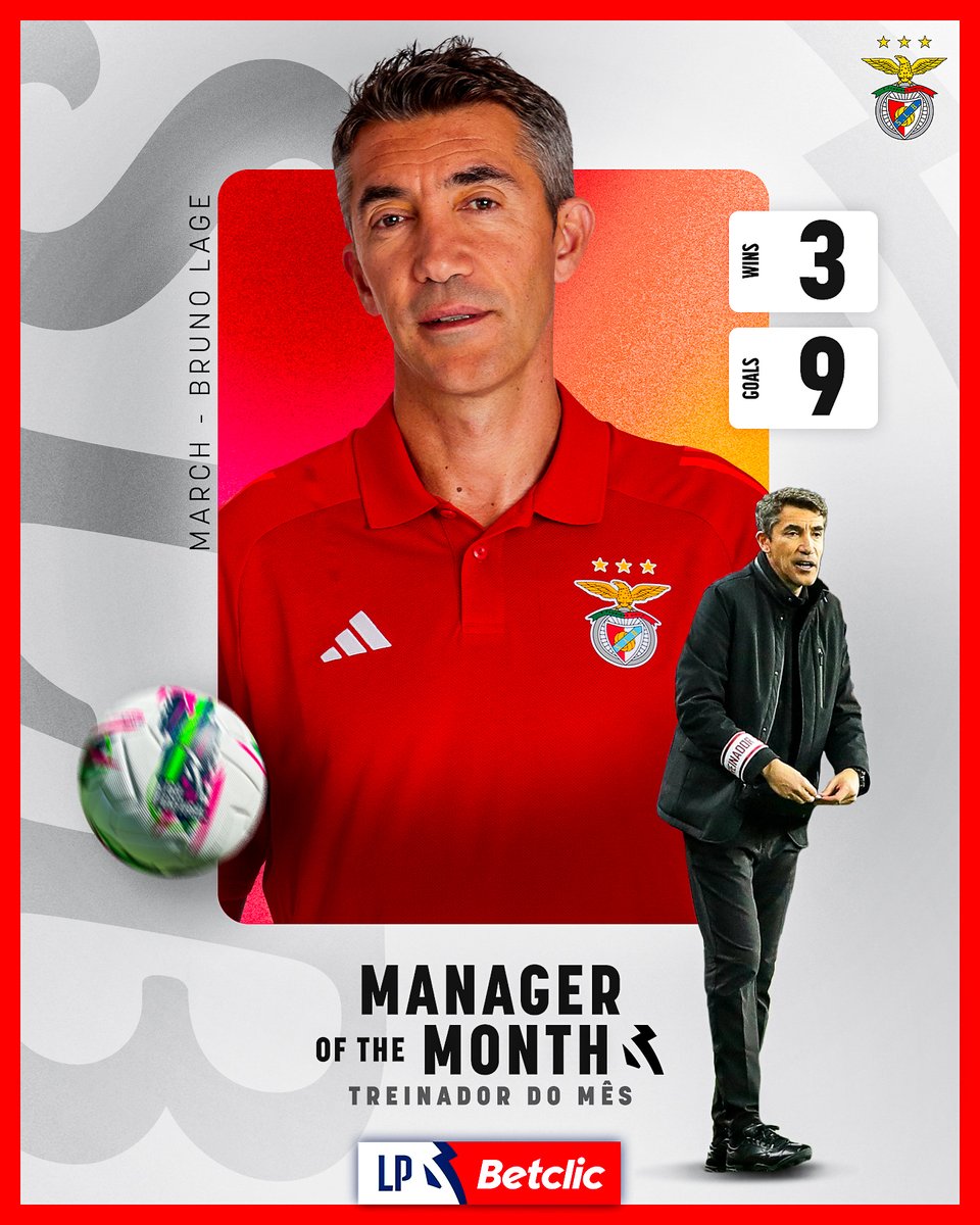 Os colegas votaram e escolheram o 𝗺𝗲𝗹𝗵𝗼𝗿 de março! ☝️

Bruno Lage é o 𝗧𝗿𝗲𝗶𝗻𝗮𝗱𝗼𝗿 𝗱𝗼 𝗠𝗲̂𝘀 na #LigaPortugalBetclic 🏆👏

#LigaPortugal #SLB