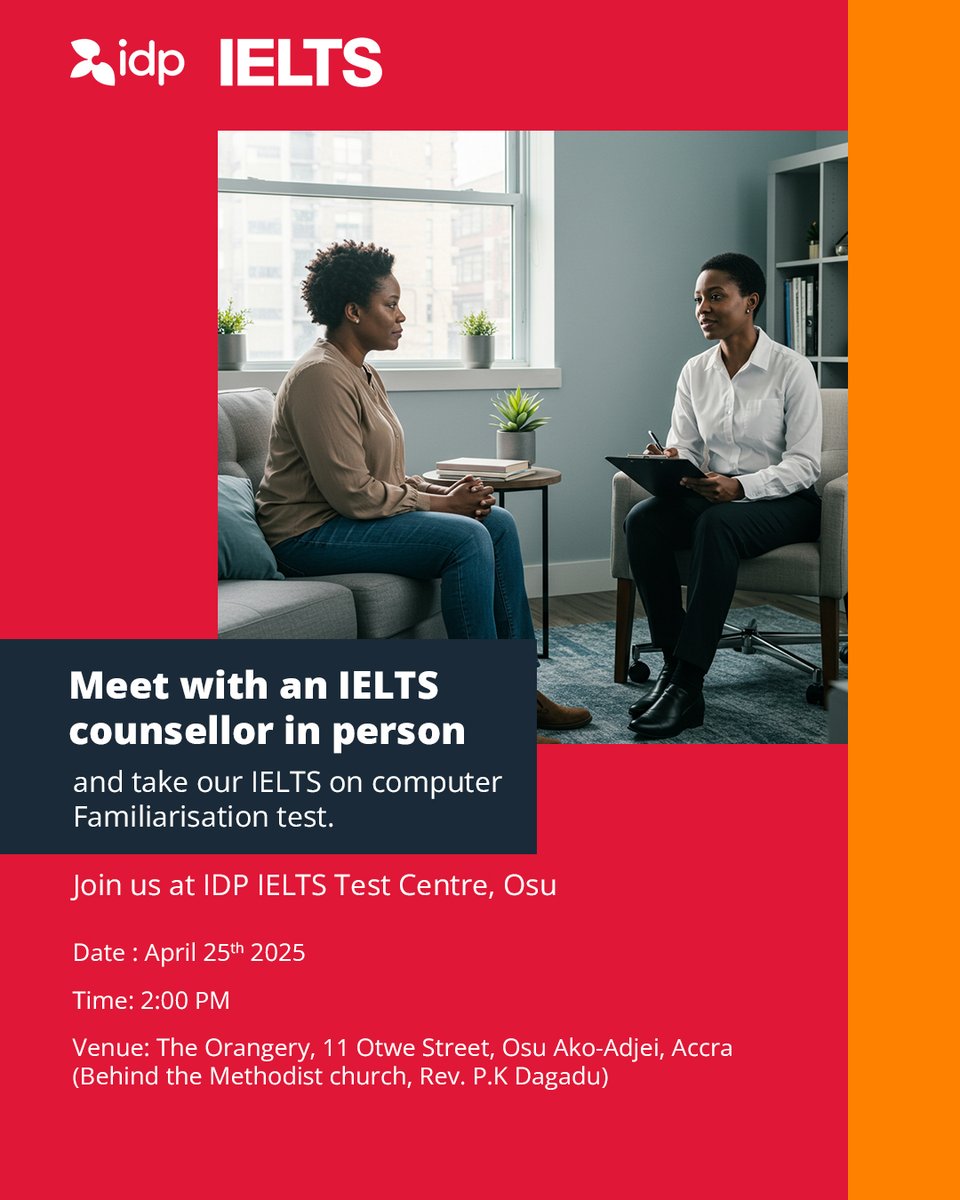 ieltsbyidpghana's tweet photo. Meet with an IELTS counsellor in person and boost your confidence with the IELTS Familiarisation test!
Nervous about your IELTS on computer test?
Practice before test day!
Confirm your spot here: https://t.co/qejtLsKUoQ
#idpielts #ieltsoncomputer #familiarisationtest https://t.co/1Cf0eVj1rG