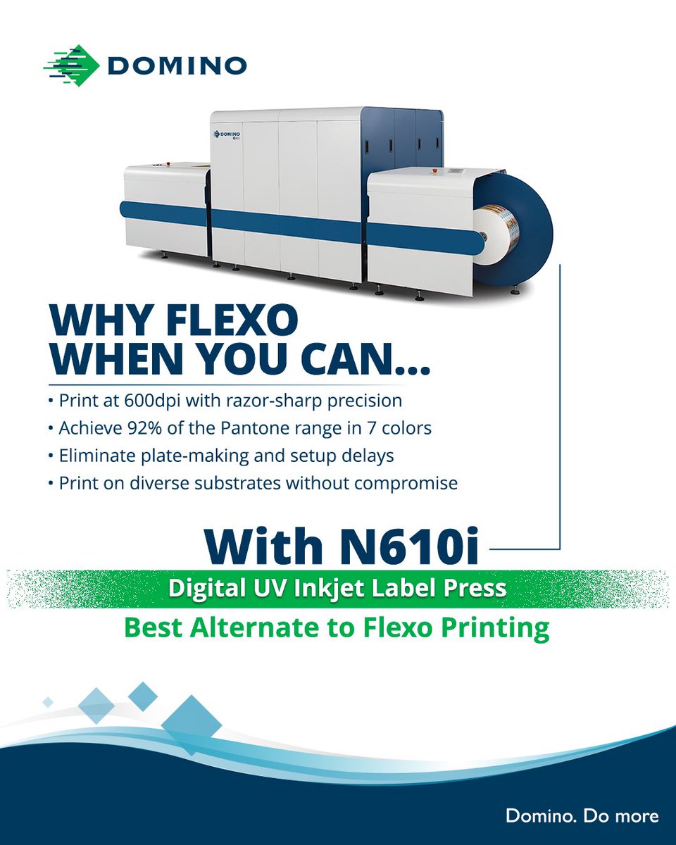 DominoIndia's tweet photo. Why settle for slow when you can print smarter? Say hello to high-speed, versatile label printing with Domino N610i Digital UV Inkjet Label Press.🚀

📩 Learn more: https://t.co/dF6Oac4sq1 https://t.co/EG3deH66Sz