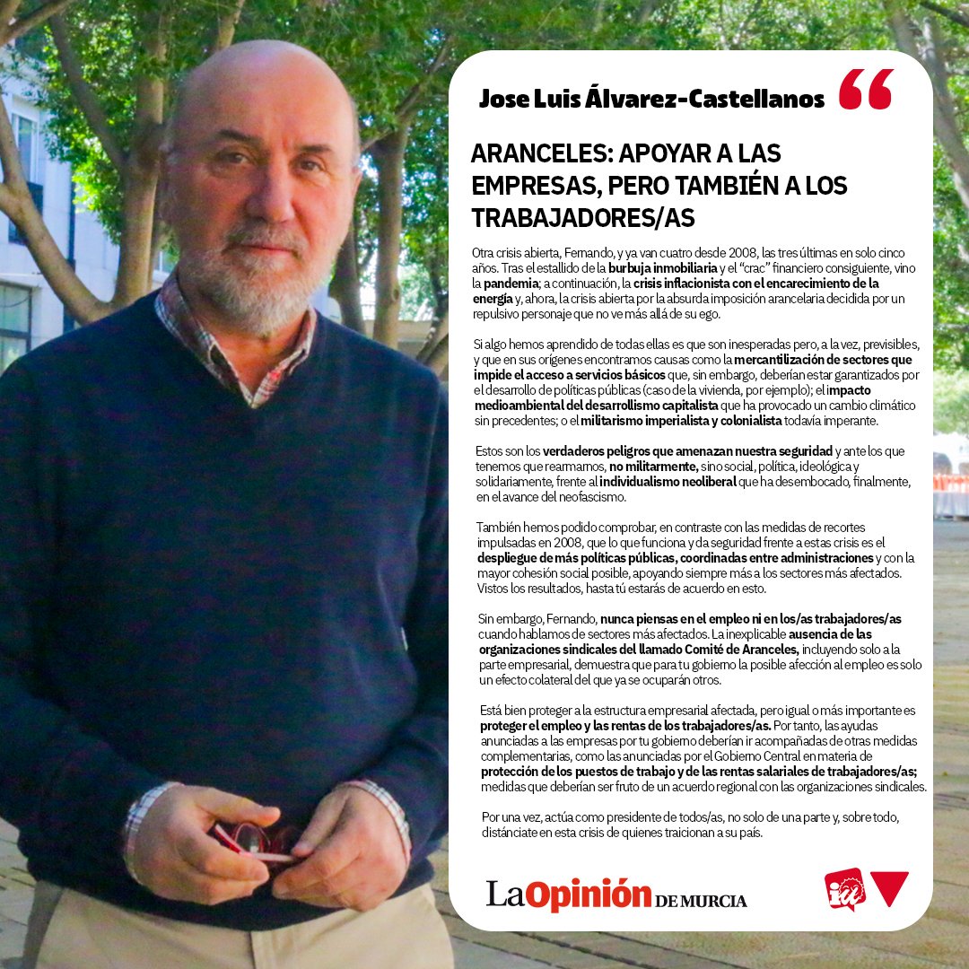 🔴 ARANCELES: APOYAR A LAS EMPRESAS, PERO TAMBIÉN A LOS TRABAJADORES/AS

📰 Hoy publico en <a href="/diariolaopinion/">La Opinión de Murcia</a> una reflexión urgente: otra crisis más, y Fernando… otra vez con los mismos errores.

Desde 2008 ya van cuatro grandes crisis. Y en todas, las recetas neoliberales han