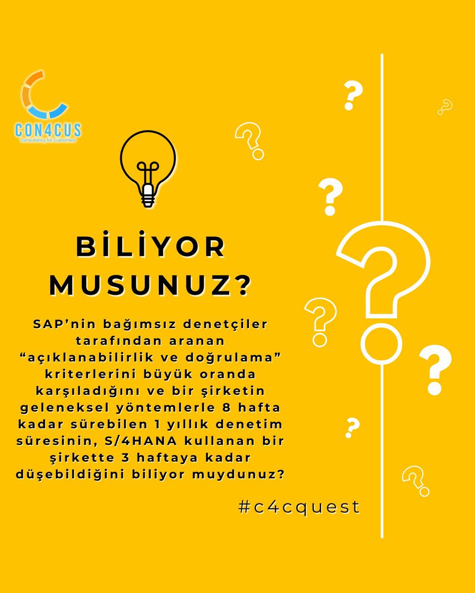 con4cus's tweet photo. SAP’nin bağımsız denetçiler tarafından aranan “açıklanabilirlik ve doğrulama” kriterlerini büyük oranda karşıladığını ve bir şirketin geleneksel yöntemlerle 8 hafta kadar sürebilen 1 yıllık denetim süresinin, S/4 HANA kullanan bir şirkette 3 haftaya kadar düşebildiğini biliyor muydunuz?

#c4cquest #conforcus #SAP #SAPS4HANA
