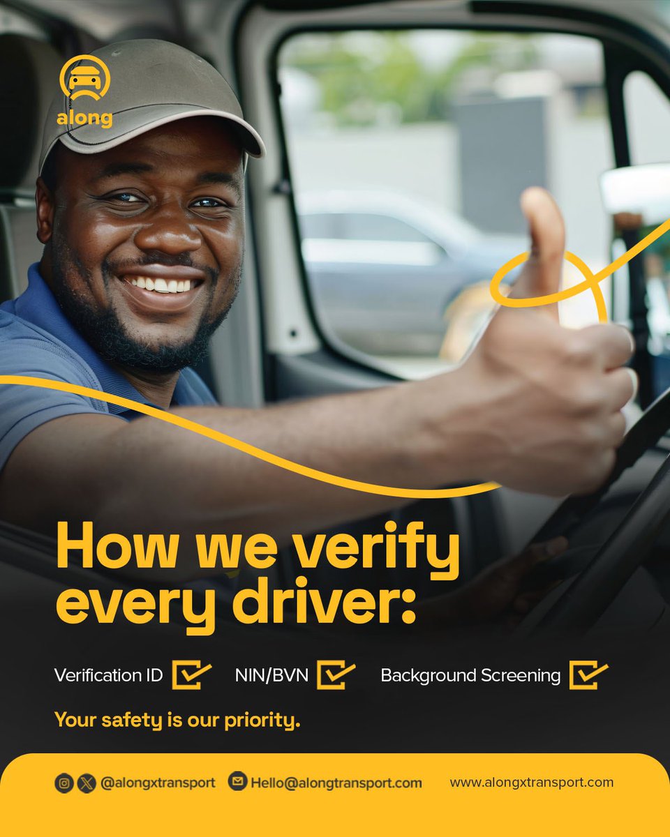 AlongxTransport's tweet image. Your safety is non negotiable! Along ensures every driver is verified through ID checks, NIN/BVN, and background screening. Enjoy a worry free ride with us! 🚗

Download the Along rider app now at 
alongxtransport.com/download

#Alongtransport #AffordableTravel #along #rider