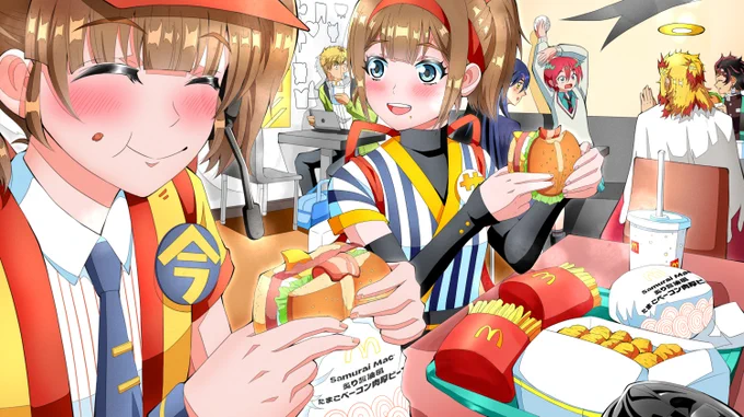 今日のお絵描き 完成 #サムライたまご食べ美 と #いまだけダブチ食べ美 昨日の #GQuuuuuuX のED良かったなぁ(*'ω`*) そらそうと予告の白いガンダムってなんぞね #煉獄杏寿郎 #竈門炭治郎 #マチュ    #ニャアン #鬼滅の刃    #マクドナルド #illustration #art #イラスト