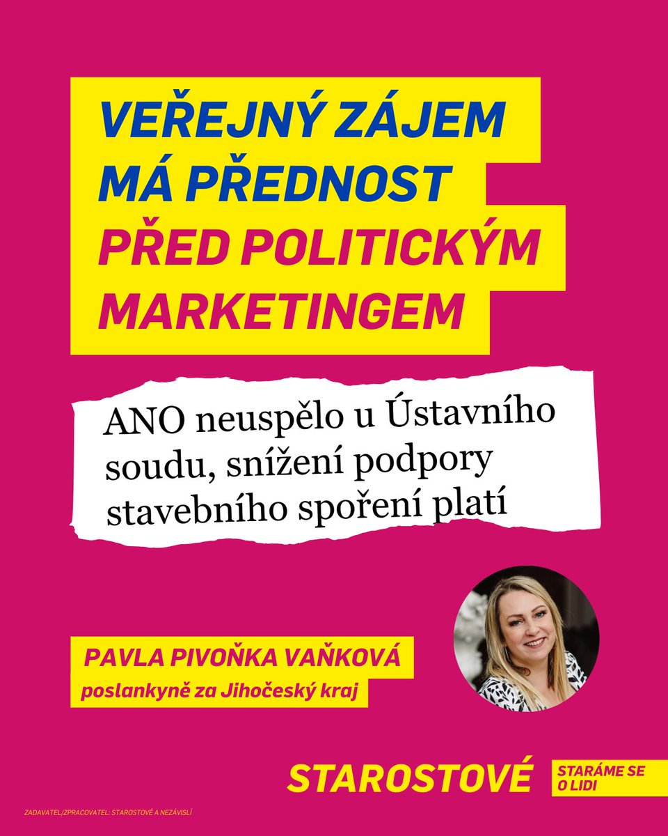 Pavla Pivoňka Vaňková - poslankyně STAN (@pavlapivonka) on Twitter photo .<a href="/usoud_official/">Ústavní soud</a> soud opět zamítl další návrh poslanců ANO, tentokrát směřující proti snížení státní podpory stavebního spoření. Ve zkratce: stát má právo v rámci veřejného zájmu upravit parametry podpory. A ne, opravdu to není protiústavní!
Státní podpora není zaručený nárok, .<a href="/usoud_official/">Ústavní soud</a> soud opět zamítl další návrh poslanců ANO, tentokrát směřující proti snížení státní podpory stavebního spoření. Ve zkratce: stát má právo v rámci veřejného zájmu upravit parametry podpory. A ne, opravdu to není protiústavní!
Státní podpora není zaručený nárok,