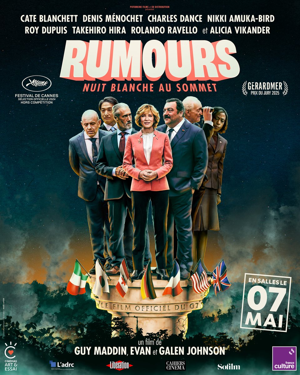 PotemkineFilms's tweet photo. "Le film officiel du G7" c'est le 7 mai au Cinéma !
𝐑𝐔𝐌𝐎𝐔𝐑𝐒, 𝐧𝐮𝐢𝐭 𝐛𝐥𝐚𝐧𝐜𝐡𝐞 𝐚𝐮 𝐬𝐨𝐦𝐦𝐞𝐭 avec #CateBlanchett, #DenisMenochet, #CharlesDance &amp; #AliciaVikander. 
Un film de #GuyMaddin, #EvanJohnson &amp; #GalenJohnson

@Festival_Cannes @FestGerardmer @franceculture https://t.co/mQ1PyqQqmb