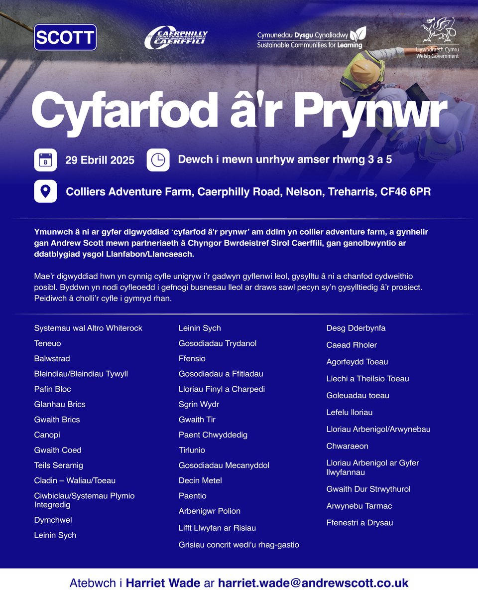 Ymunwch â ni a <a href="/CaerphillyCBC/">CaerphillyCBC</a> am sesiwn Cwrdd â'r Prynwr ar ddatblygiad ysgol Llanfabon/Llancaeach.

📅 29/04/25
 📍 Colliers Adventure Farm, CF46 6PR
 🕒 3pm-5pm
RSVP: harriet.wade@andrewscott.co.uk

Rydym yn edrych ymlaen at gysylltu â chyflenwyr lleol.