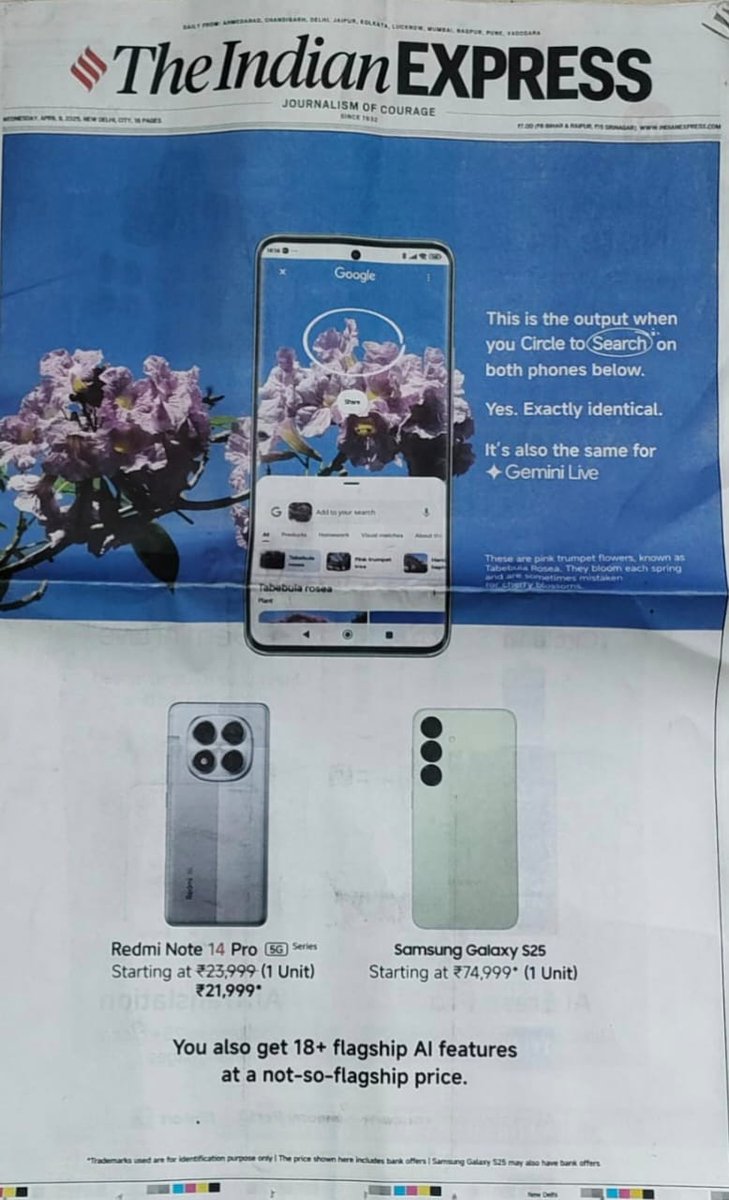 thetripathi58's tweet image. Walked past this print ad and stopped in my tracks.

Redmi’s out here calling out overpriced flagships—

Same AI features, but a massive price difference?

It’s time to start spending smarter.

#RedmiNote14ProPlus #AIForEveryone #FlagshipReimagined