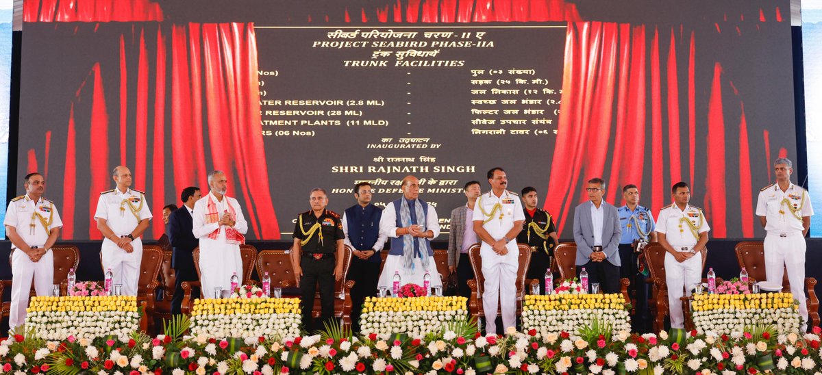 indiannavy's tweet photo. A wide array of #ProjectSeabird infrastructure at Naval Base Karwar was inaugurated by the Raksha Mantri Shri Shri @rajnathsingh on #05Apr 25.
These facilities will boost the sustenance of assets operating off the West Coast, and augment the #IndianNavy’s efforts in maintaining a #FutureReady Force.
The infrastructure has been developed in pursuit of the Government’s vision of Aatmanirbhar Bharat with more than 90% of the material and equipment being sourced from within the country.
The progressive operationalisation of the Karwar base will also generate industrial growth and enable substantial support to the local economy in the Uttar Kannada Region.