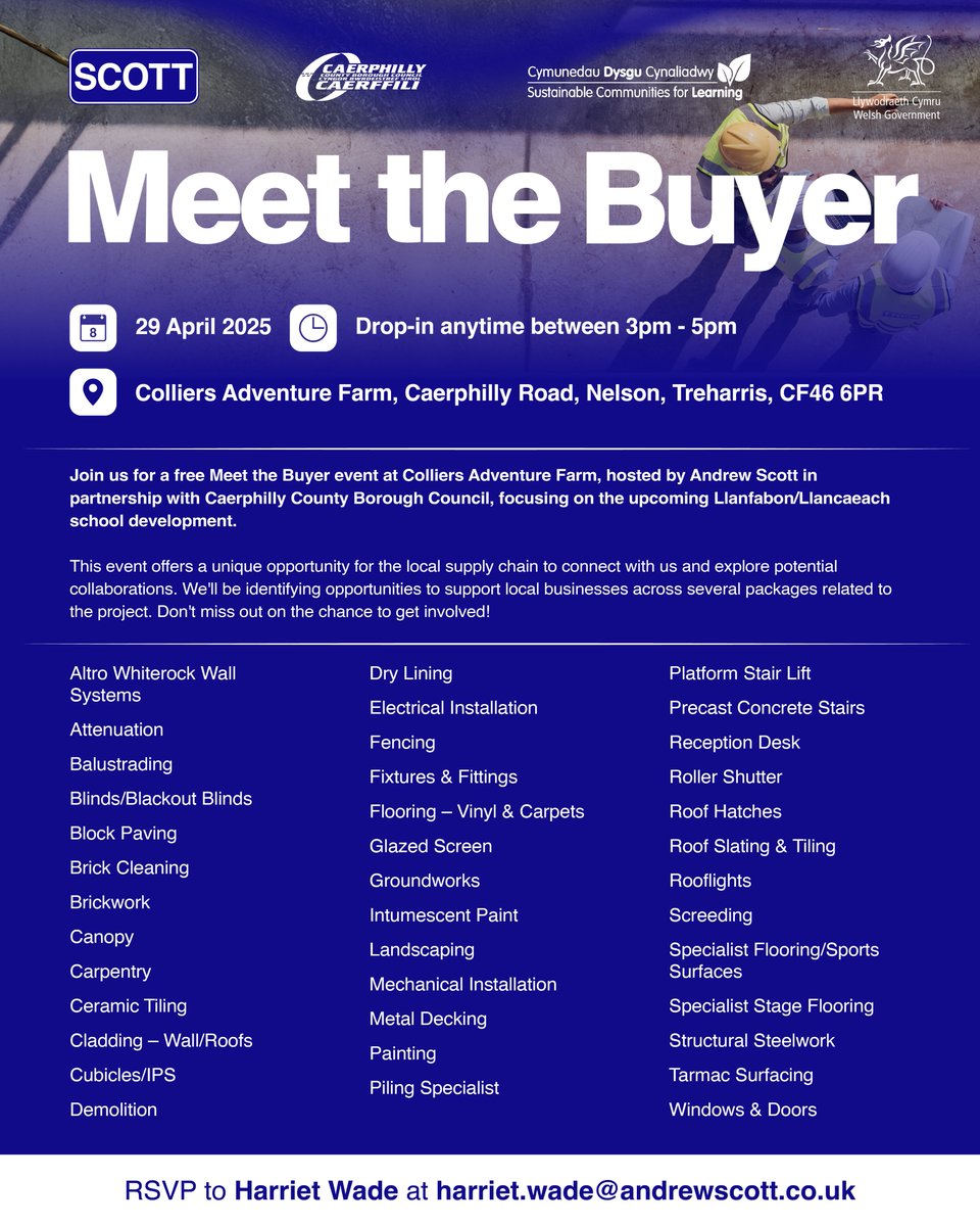 Join us &amp; <a href="/CaerphillyCBC/">CaerphillyCBC</a> for a Meet the Buyer session on the Llanfabon/Llancaeach school development

📅 29/04/25
 📍 Colliers Adventure Farm, CF46 6PR
 🕒 3pm-5pm
RSVP: harriet.wade@andrewscott.co.uk

We’re looking forward to connecting with local suppliers.