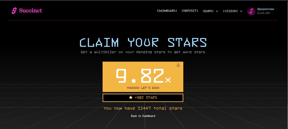 pepenclaw's tweet photo. Succinct Testnet Week 9 

Just hit a 9.82x multiplier and claimed my stars 🌟
+982 stars
ZK is fun when you’re stacking stars 🛸
#Succinct #Testnet #ZK #BuildWithSuccinct https://t.co/q681xyDMeA