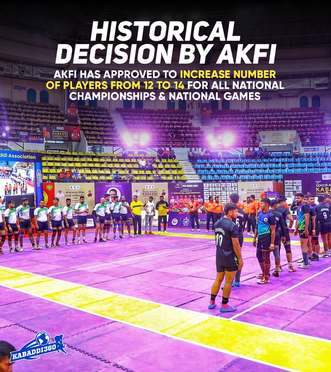 Kabaddi_360's tweet photo. 𝐁𝐢𝐠 𝐧𝐞𝐰𝐬 𝐟𝐨𝐫 𝐈𝐧𝐝𝐢𝐚𝐧 𝐤𝐚𝐛𝐚𝐝𝐝𝐢!
The AKFI has decided to increase the squad size, allowing 2 more players from each state to play at the national level, making teams even stronger!
.
.
.
#Kabaddi #AKFI #IndianKabaddiTeam
#seniornationals
#kabaddi360 https://t.co/nvgRw6XpmA
