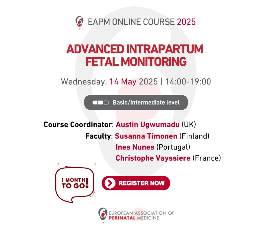 🚨 1 Month to Go! 🚨 Enhance your knowledge on Advanced #Intrapartum #Fetal #Monitoring with leading experts in the field!

Join us online on Wednesday, 14 May 2025.
Register now👉: bit.ly/Fetal-Monitori…

#obgyn #fetus #fetalmedicine #perinatalmedicine #midwife  #safebirth