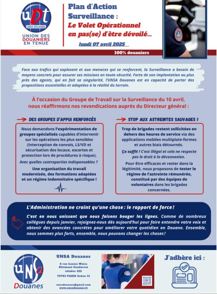 UNSA Douanes (@unsadouanes) on Twitter photo Plan d'action pour la Surveillance douanière : <a href="/Dgdouanefrance/">Florian Colas</a> et <a href="/douane_france/">Direction générale des douanes et droits indirects</a> doivent écouter les attentes fortes des agents de terrain. La sécurité des agents n'est pas une variable d'ajustement ! <a href="/UNSADouanes/">UNSA Douanes</a> confirme son niveau élevé d'exigence pour le GT du 10 Avril. Plan d'action pour la Surveillance douanière : <a href="/Dgdouanefrance/">Florian Colas</a> et <a href="/douane_france/">Direction générale des douanes et droits indirects</a> doivent écouter les attentes fortes des agents de terrain. La sécurité des agents n'est pas une variable d'ajustement ! <a href="/UNSADouanes/">UNSA Douanes</a> confirme son niveau élevé d'exigence pour le GT du 10 Avril.