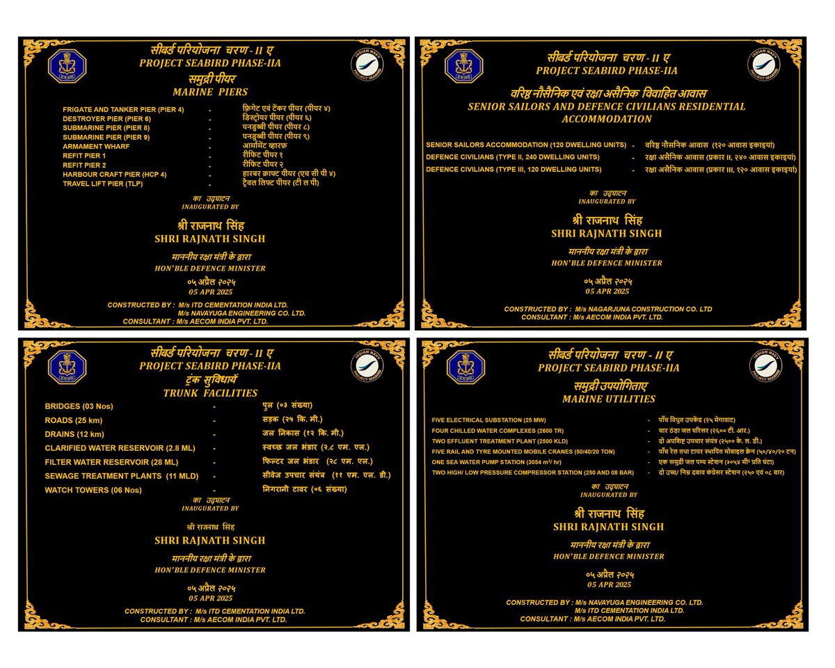 indiannavy's tweet photo. A wide array of #ProjectSeabird infrastructure at Naval Base Karwar was inaugurated by the Raksha Mantri Shri Shri @rajnathsingh on #05Apr 25.
These facilities will boost the sustenance of assets operating off the West Coast, and augment the #IndianNavy’s efforts in maintaining a #FutureReady Force.
The infrastructure has been developed in pursuit of the Government’s vision of Aatmanirbhar Bharat with more than 90% of the material and equipment being sourced from within the country.
The progressive operationalisation of the Karwar base will also generate industrial growth and enable substantial support to the local economy in the Uttar Kannada Region.